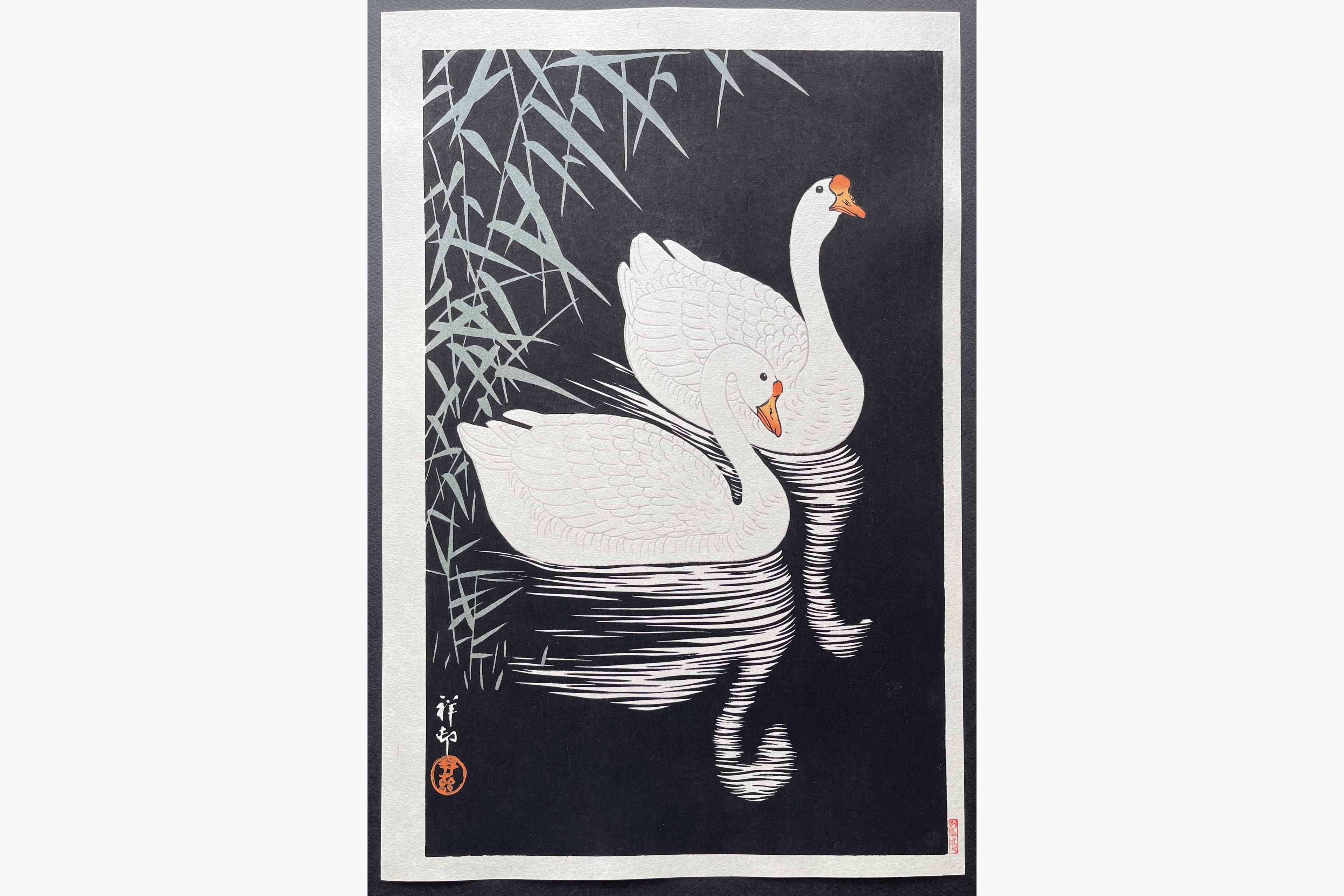 Japanese woodblock print - Ohara Koson - Two Geese Swimming near Reeds
