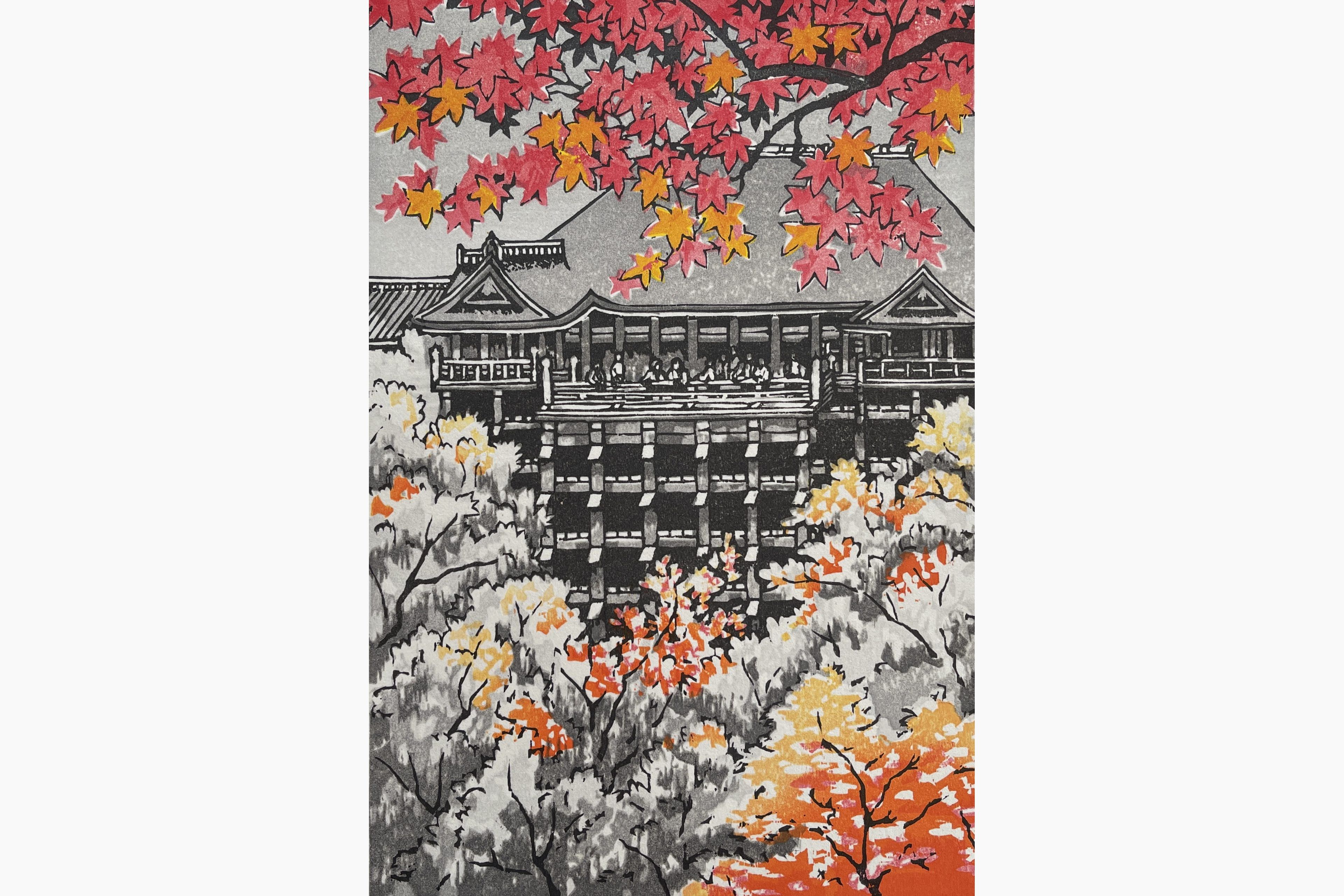 Original woodblock print - Fu Takenaka - Kiyomizudera maple temple in autumn