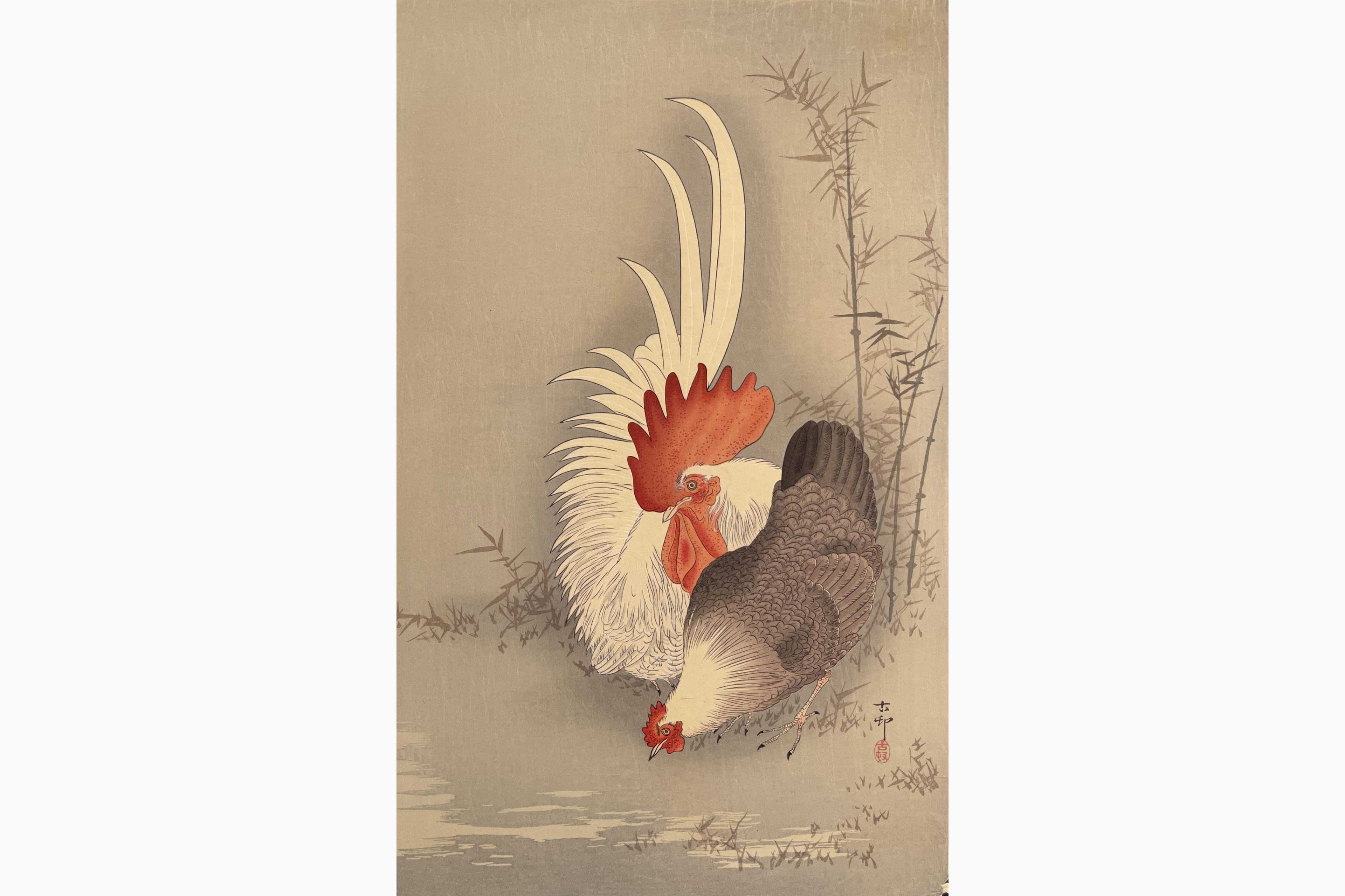 Original woodblock print - Ohara Koson - Rooster and Hen