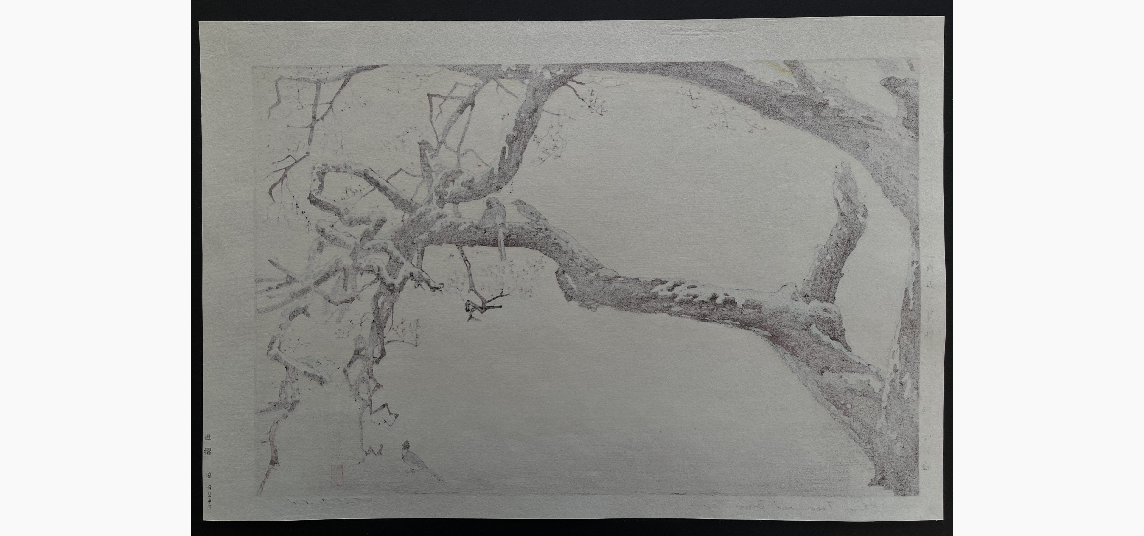 Japanese print - Toshi Yoshida - Plum Tree & Blue Magpie