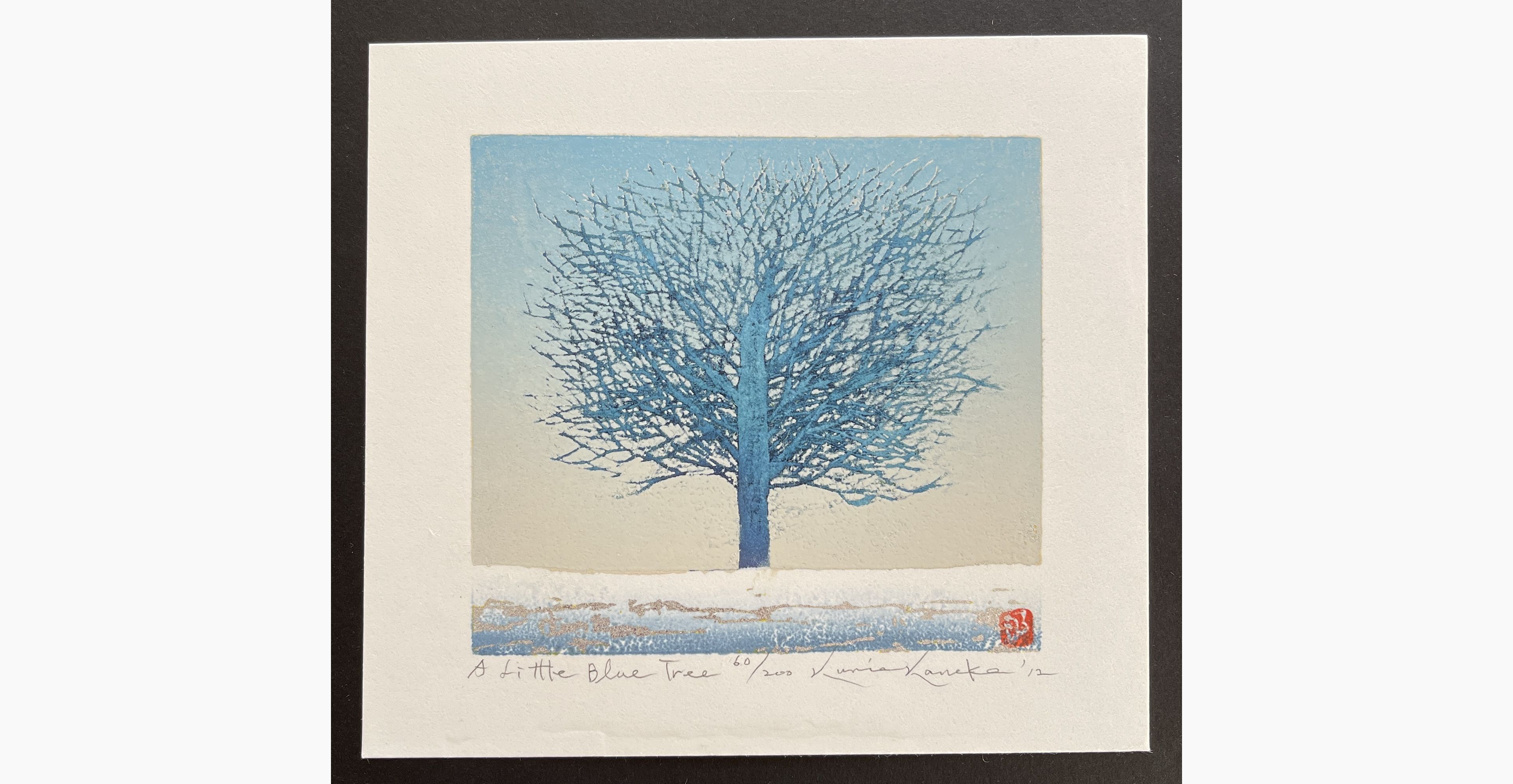 Japanese woodblock print - Kunio Kaneko - A Little Blue Tree