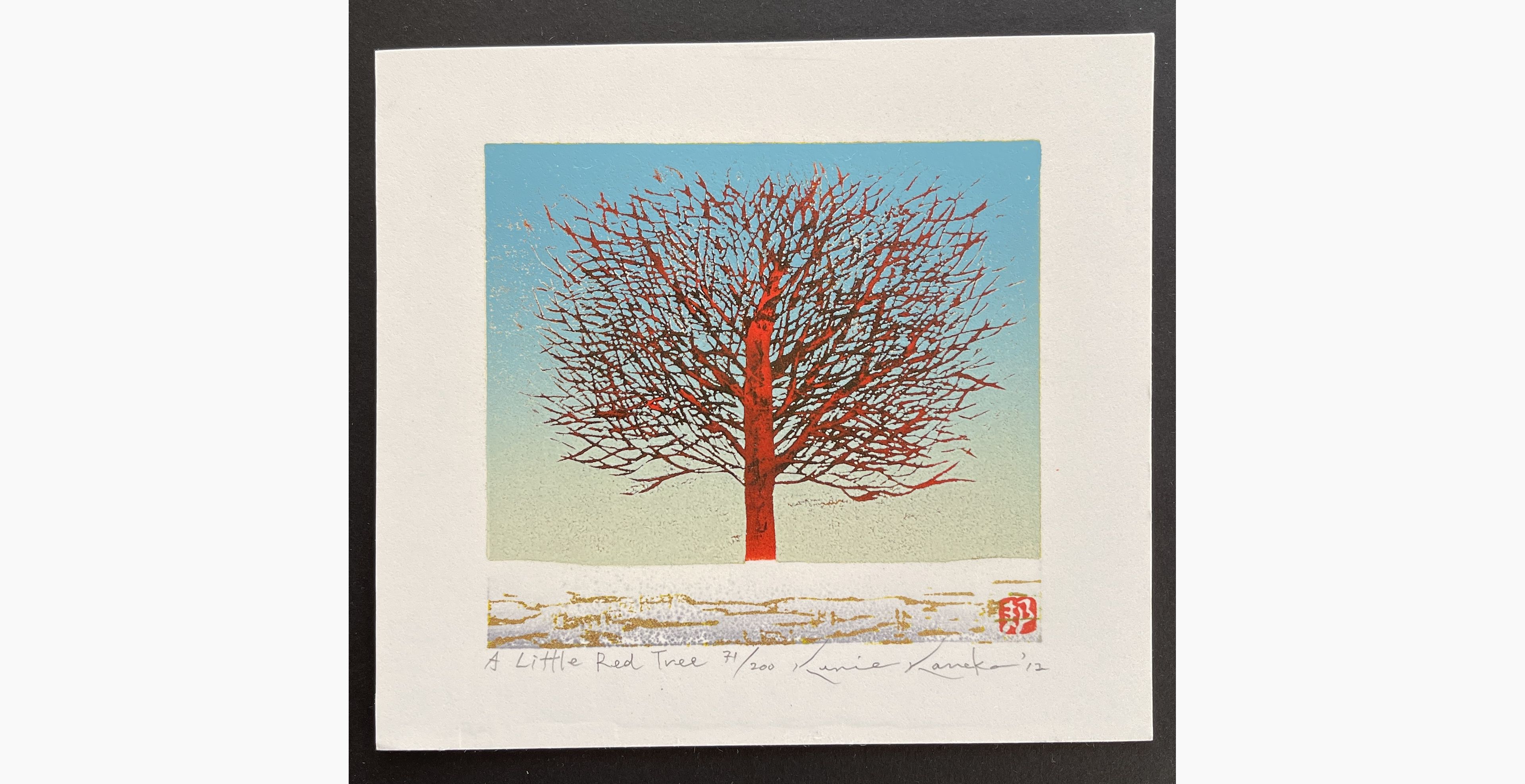 Japanese woodblock print - Kunio Kaneko - A Little Red Tree