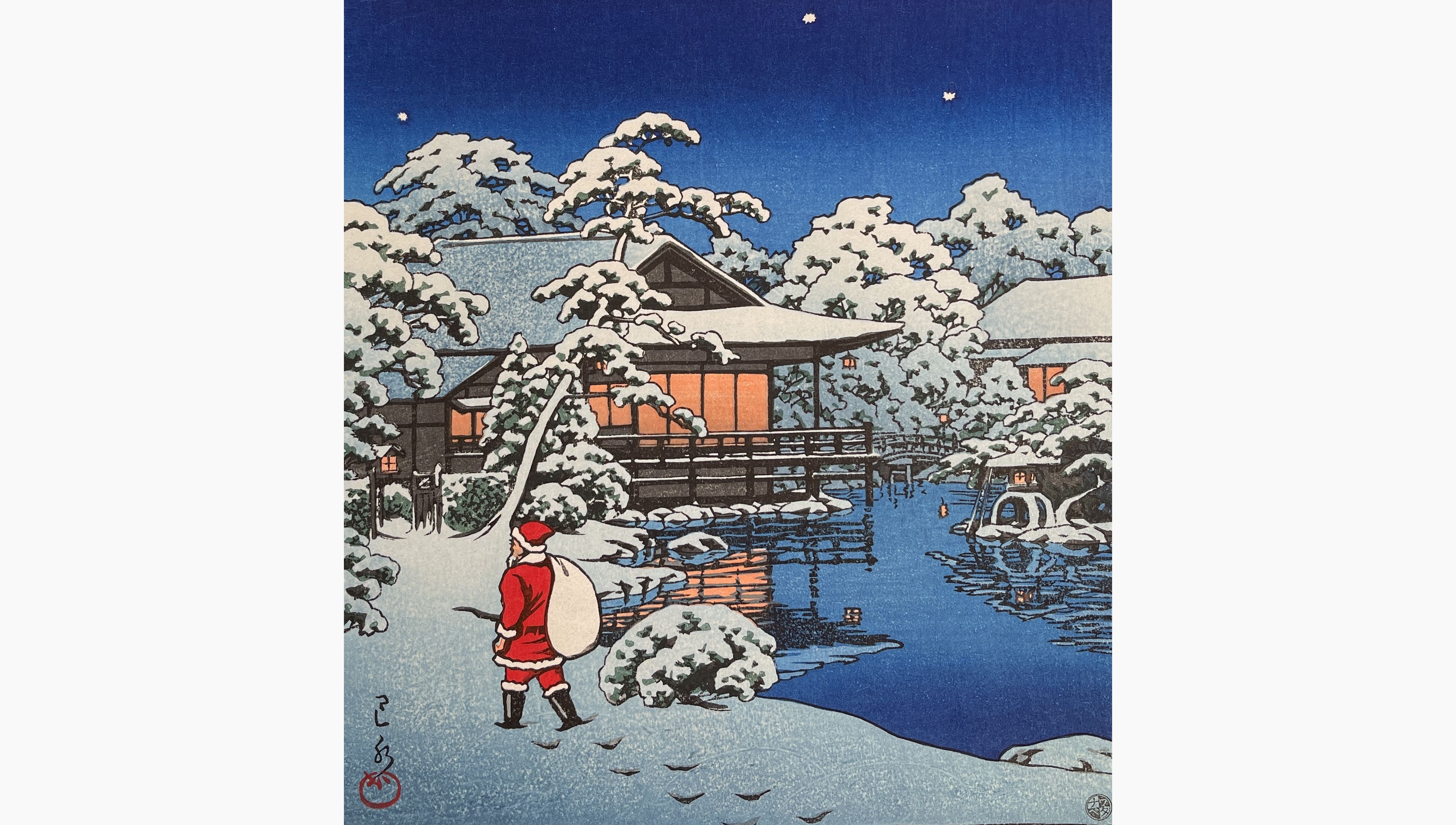 Original woodblock print - Kawase Hasui - Santa in the Snow