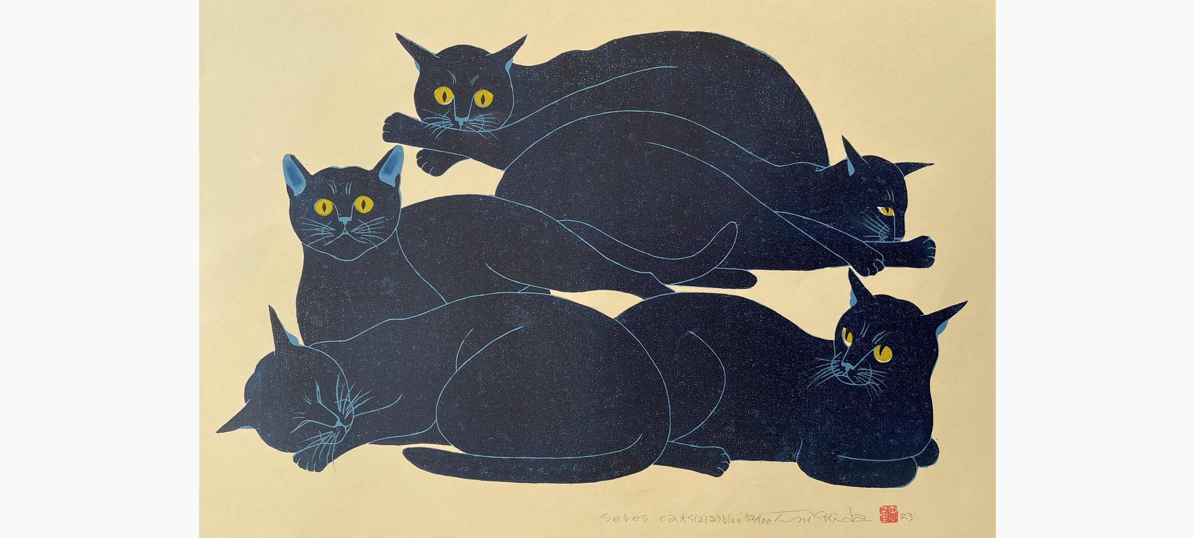 Original woodblock print - Nishida Tadashige - Cat Series (218) Blue