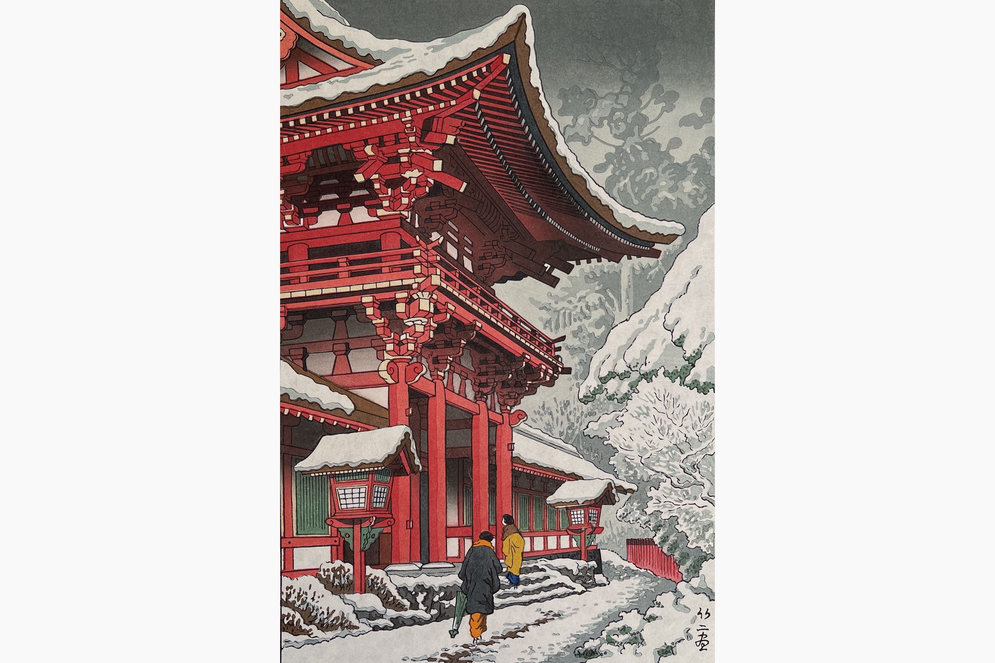 Original woodblock print - Takeji Asano - Snow in Kamigamo Shrine, Kyoto