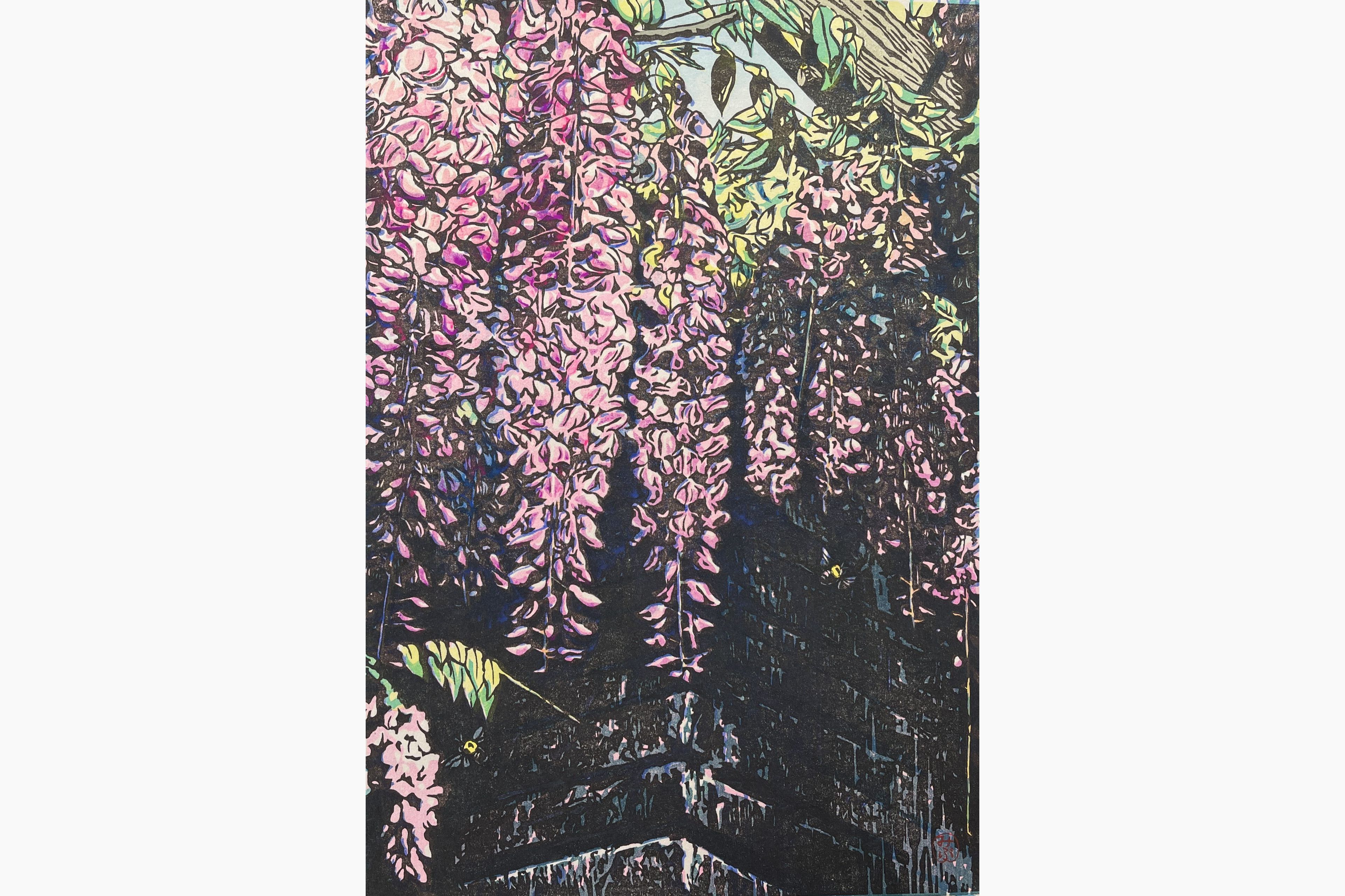 Original woodblock print - Junichi Mibugawa - Waves of Wisteria Blossoms