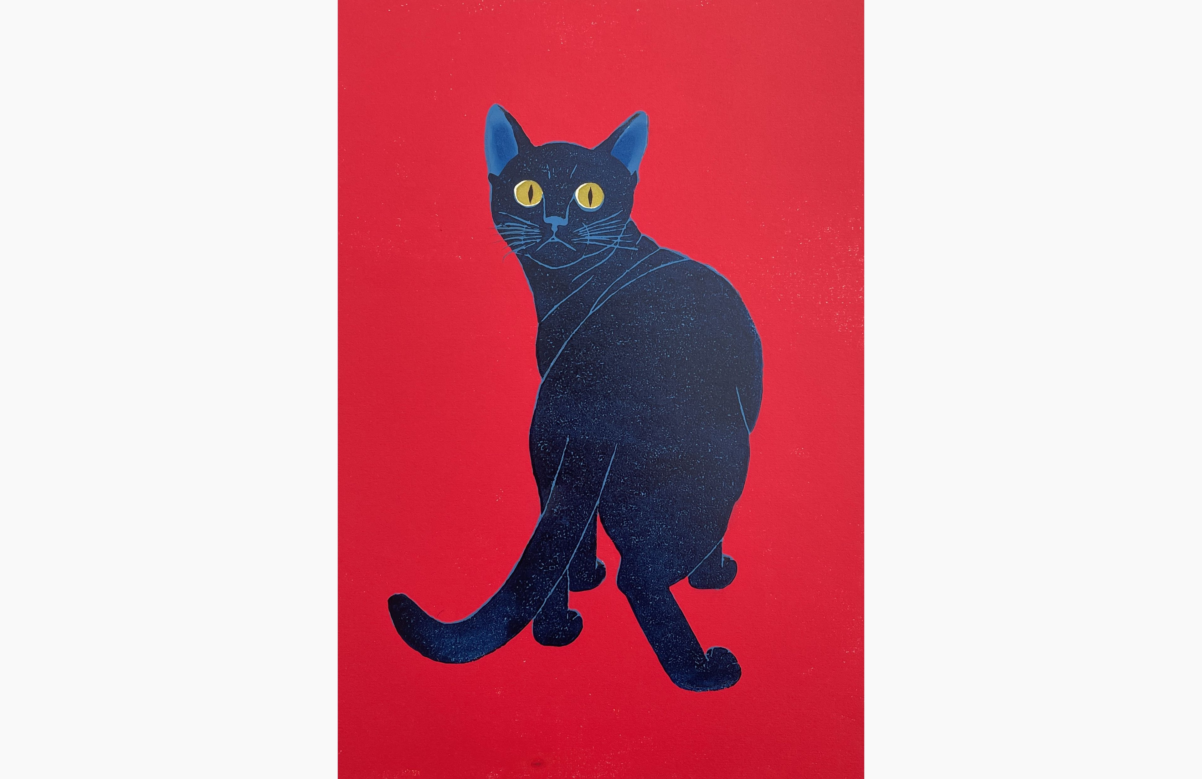 Original woodblock print - Nishida Tadashige - Looking Back - Blue Cat