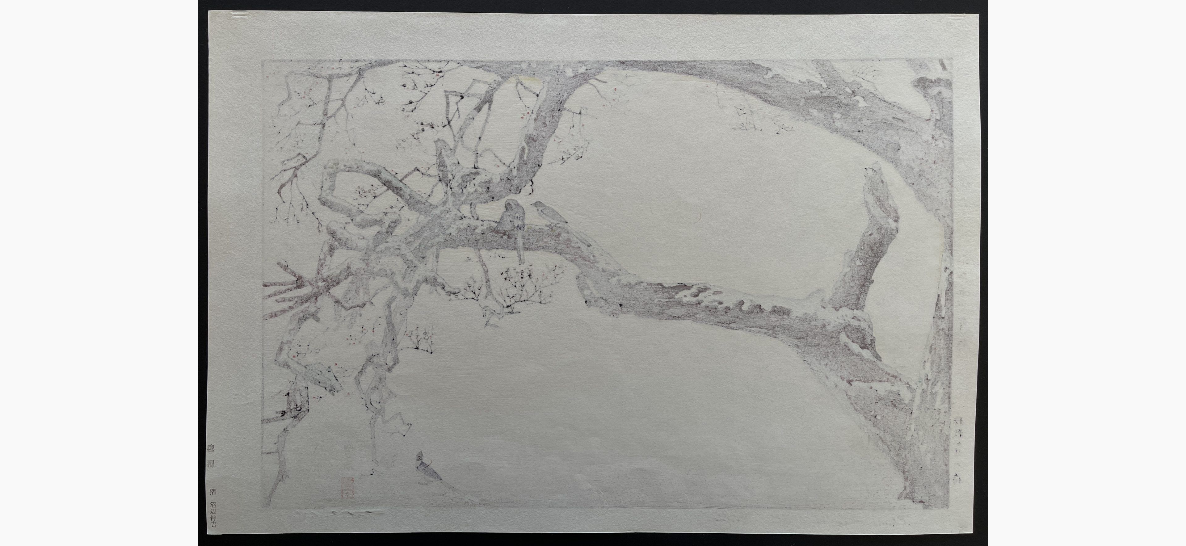 Japanese print - Toshi Yoshida - Plum Tree & Blue Magpie