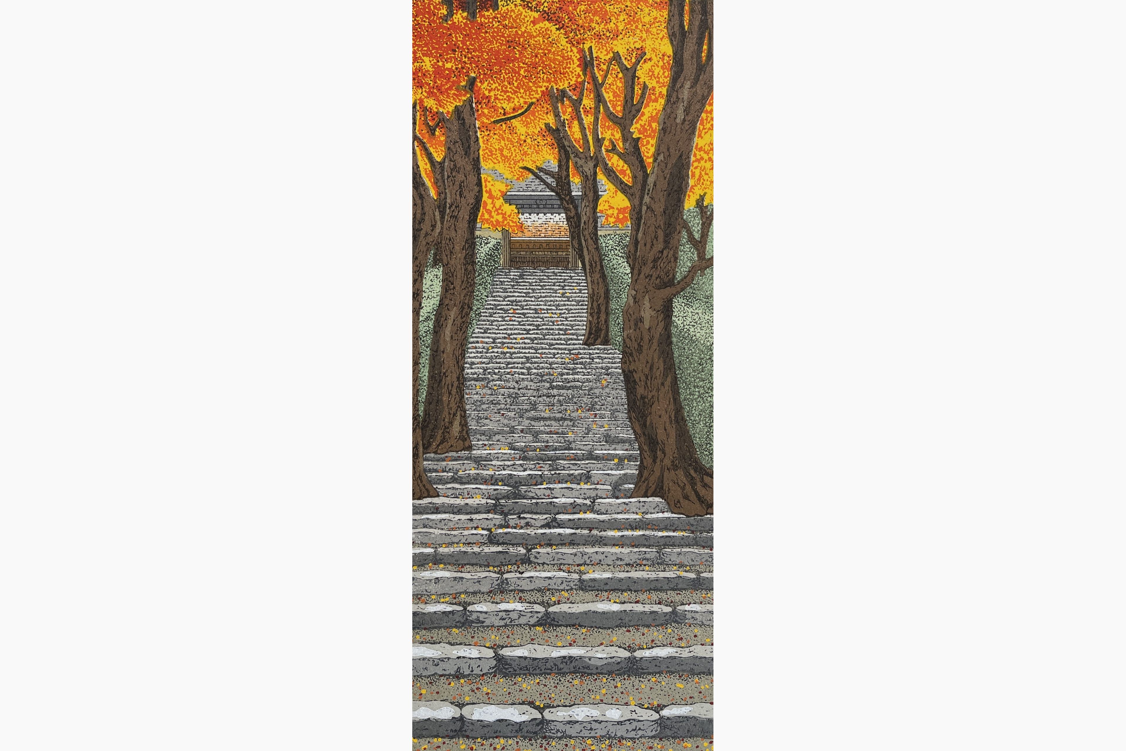 Original woodblock print - Teruhide Kato - Autumn leaves, Stairway to the temple