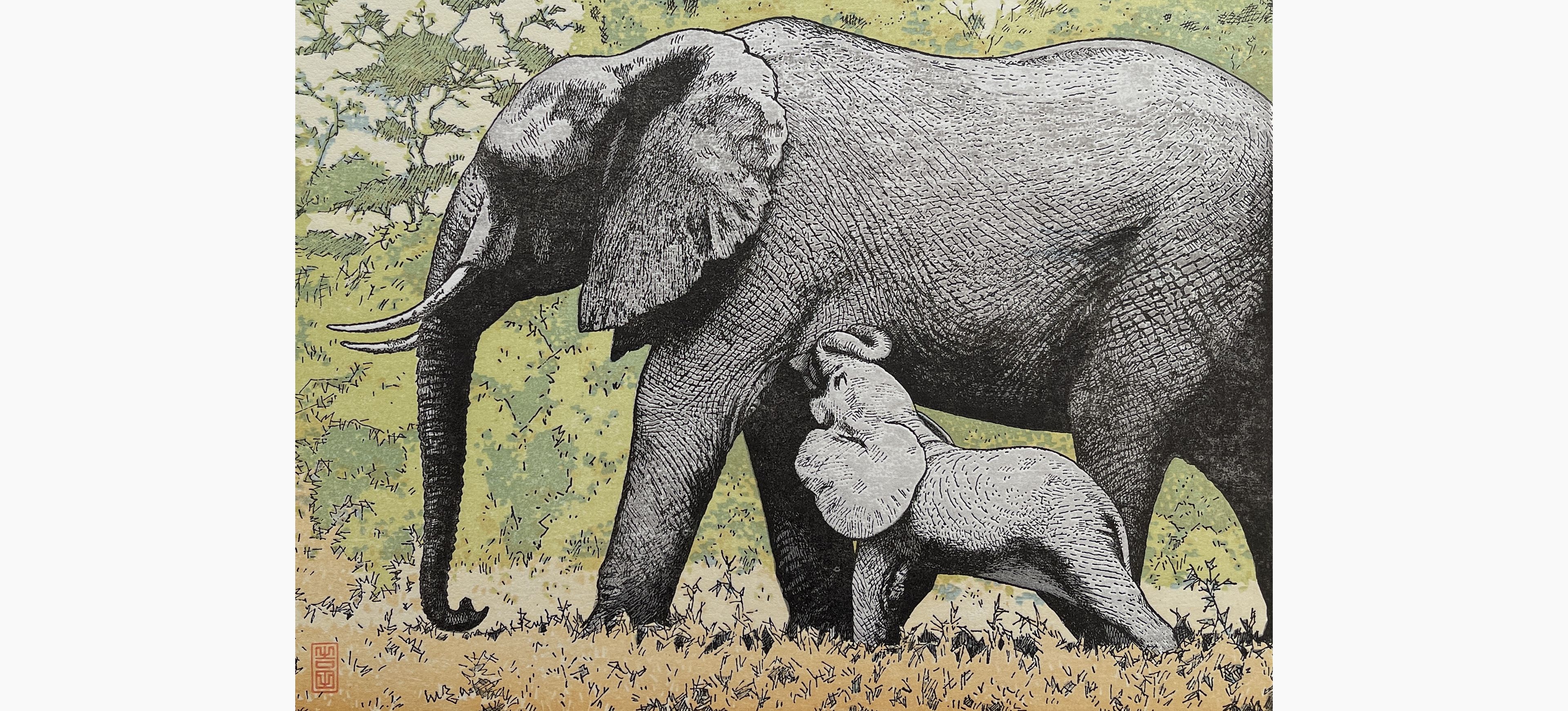 Original woodblock print - Toshi Yoshida - Elephants