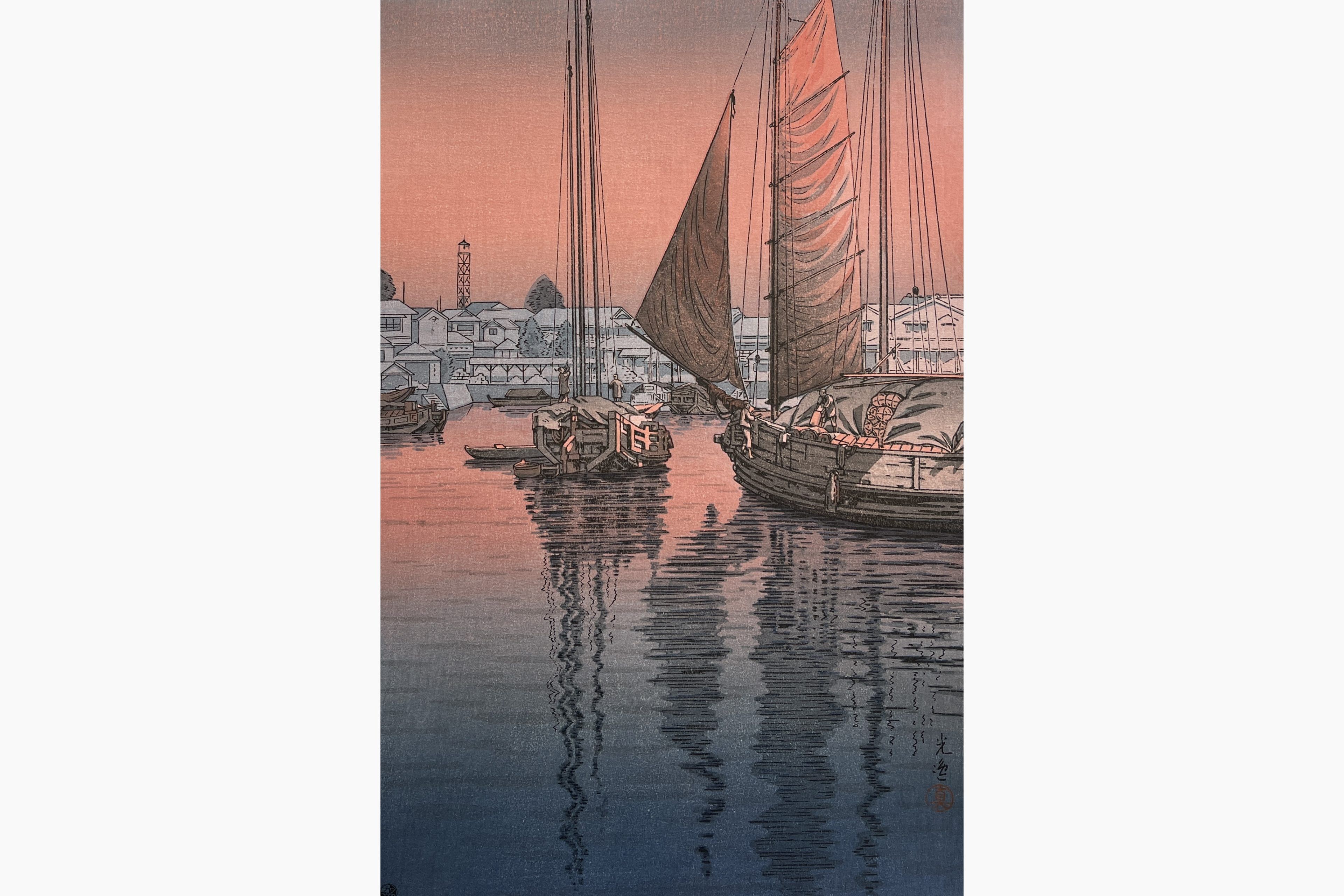 Original woodblock print - Tsuchiya Koitsu - Sunset at Tomonotsu Inland Sea