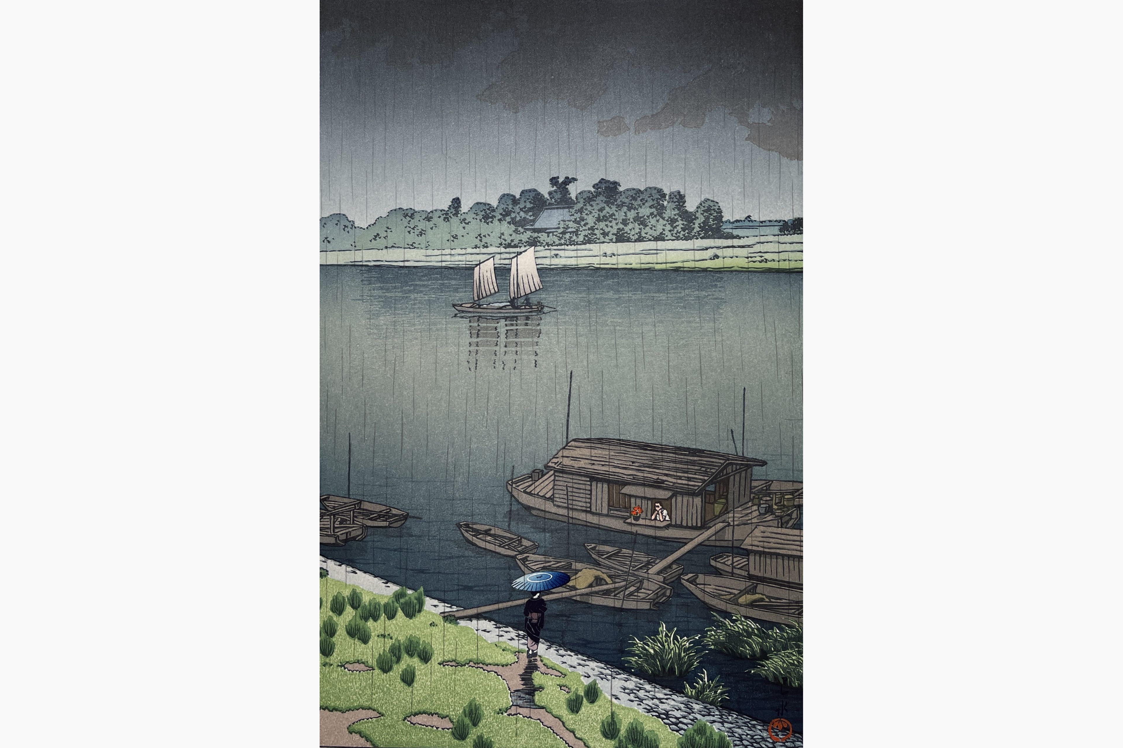 Original woodblock print - Kawase Hasui - Arakawa River in May Rain