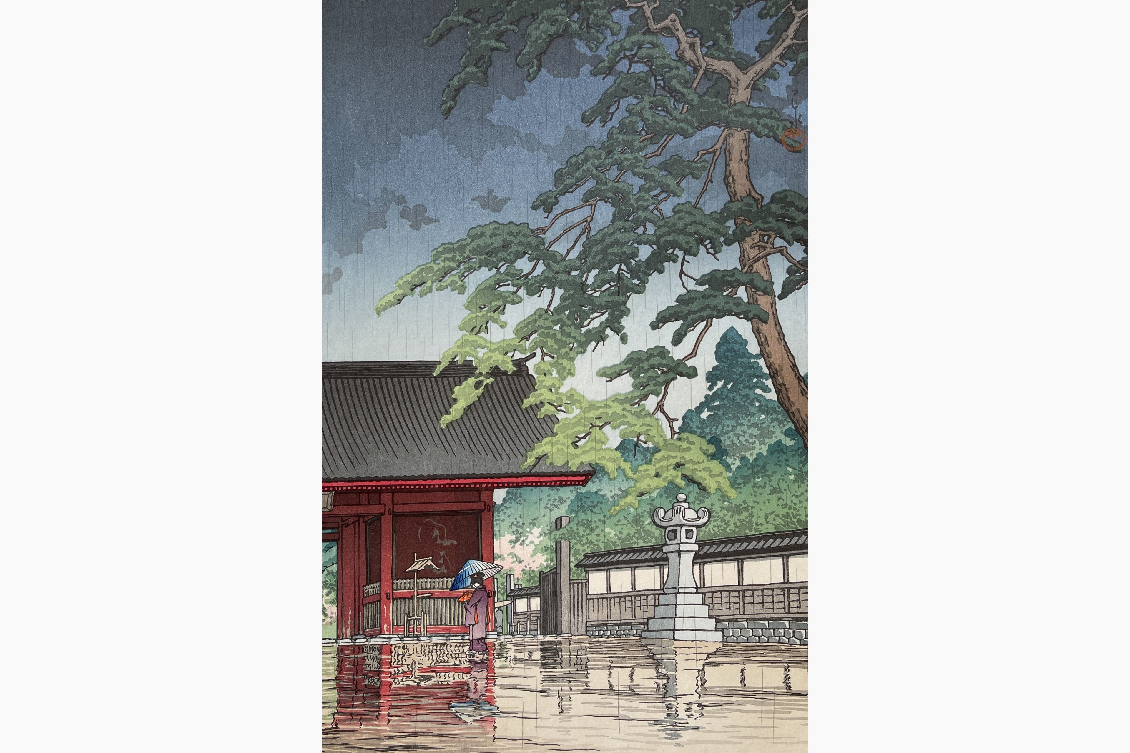 Original woodblock print - Kawase Hasui - Spring Rain at the Gokoku Temple