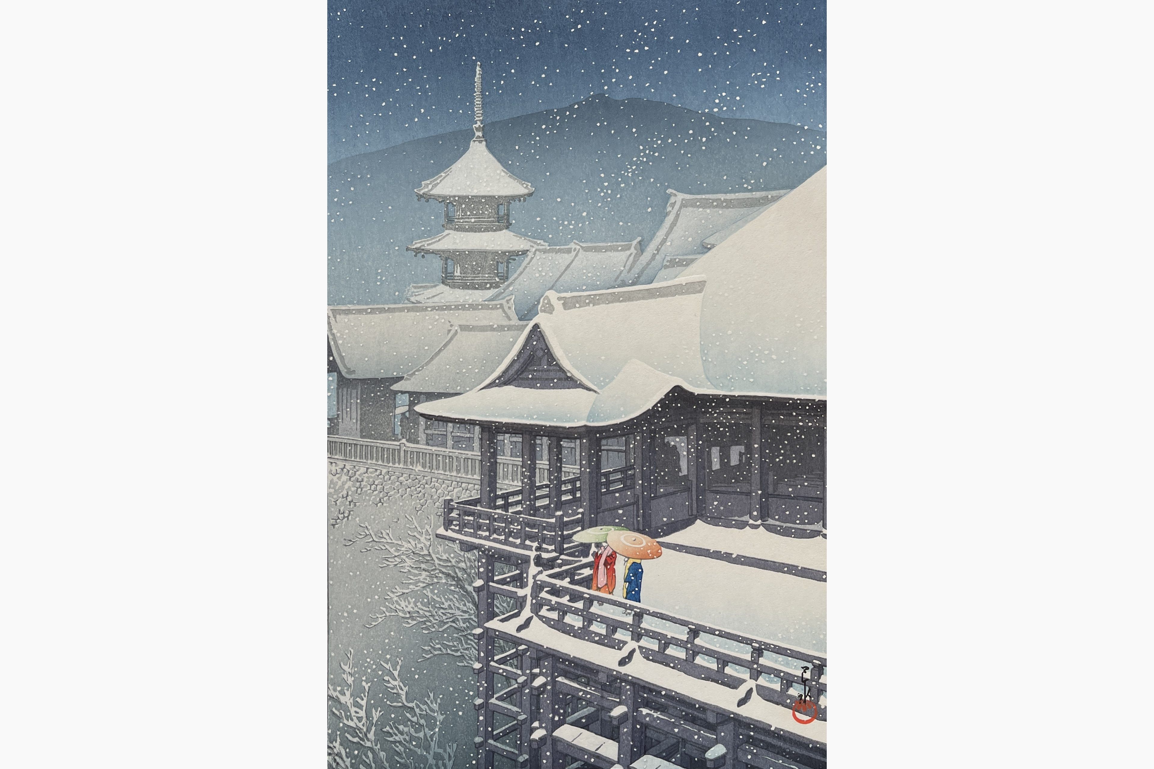 Original woodblock print - Kawase Hasui - Spring Snow at Kiyomizu Temple in Kyoto