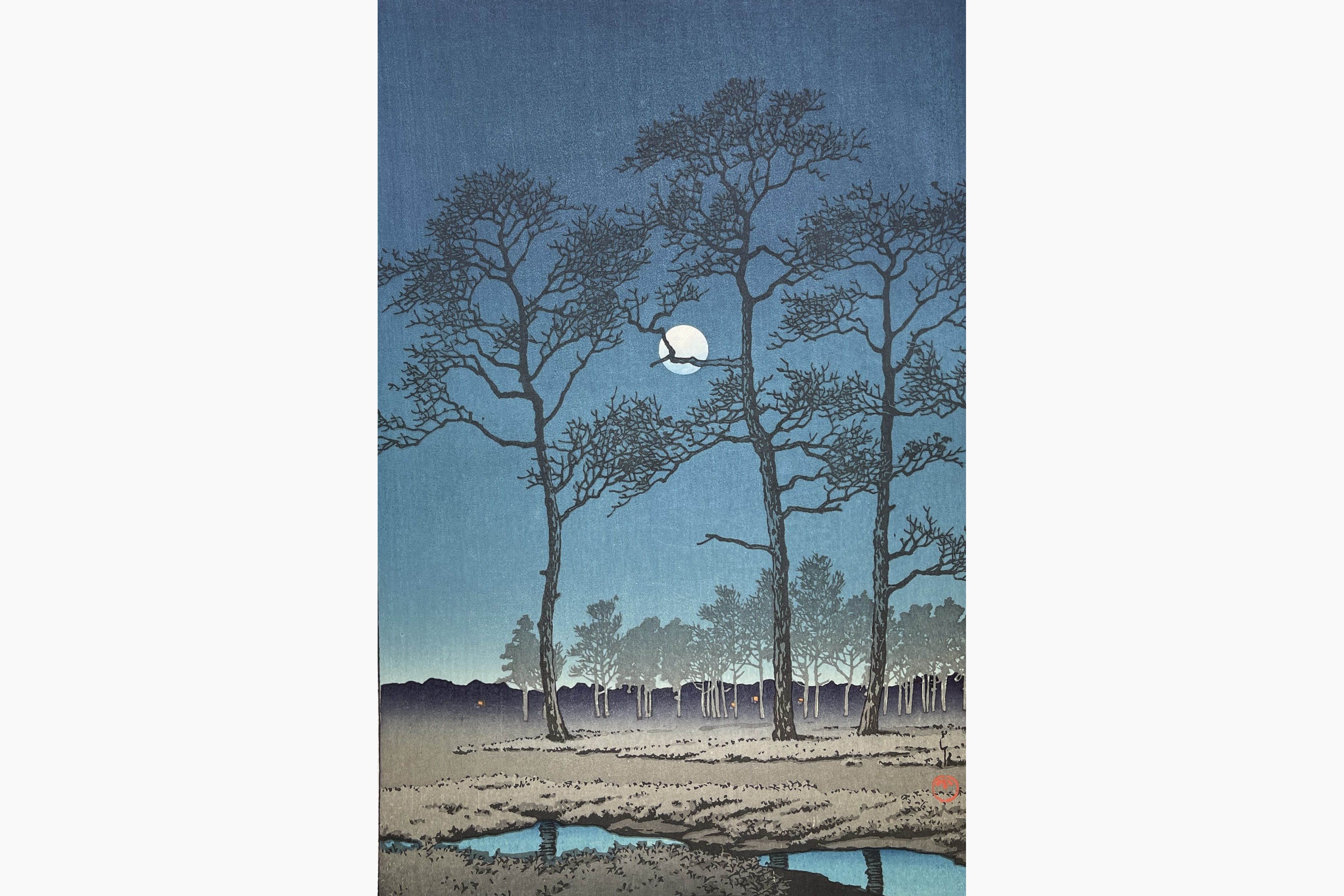 Original woodblock print - Kawase Hasui - Winter Moon over Toyama Plain