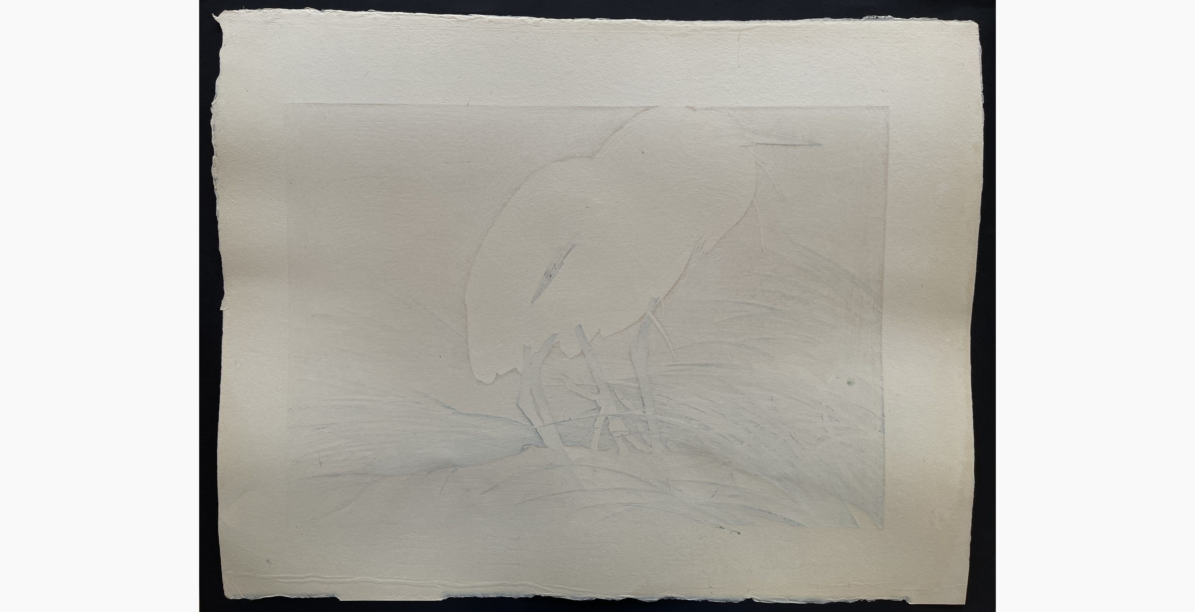 Japanese print - Rakusan Tsuchiya - Sweet Flag Flowers and Straw-raincloaked Little Egrets (Winter Division)