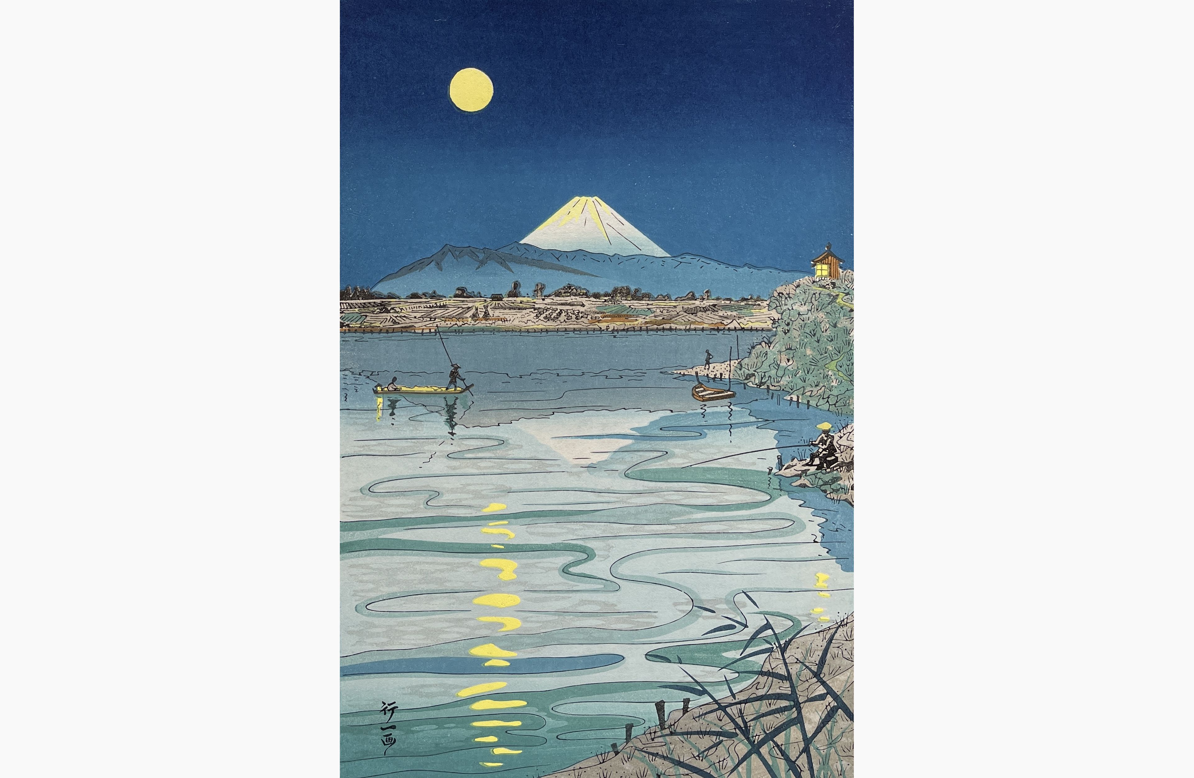 Original woodblock print - Koichi Okada - Moonlight on Tamagawa