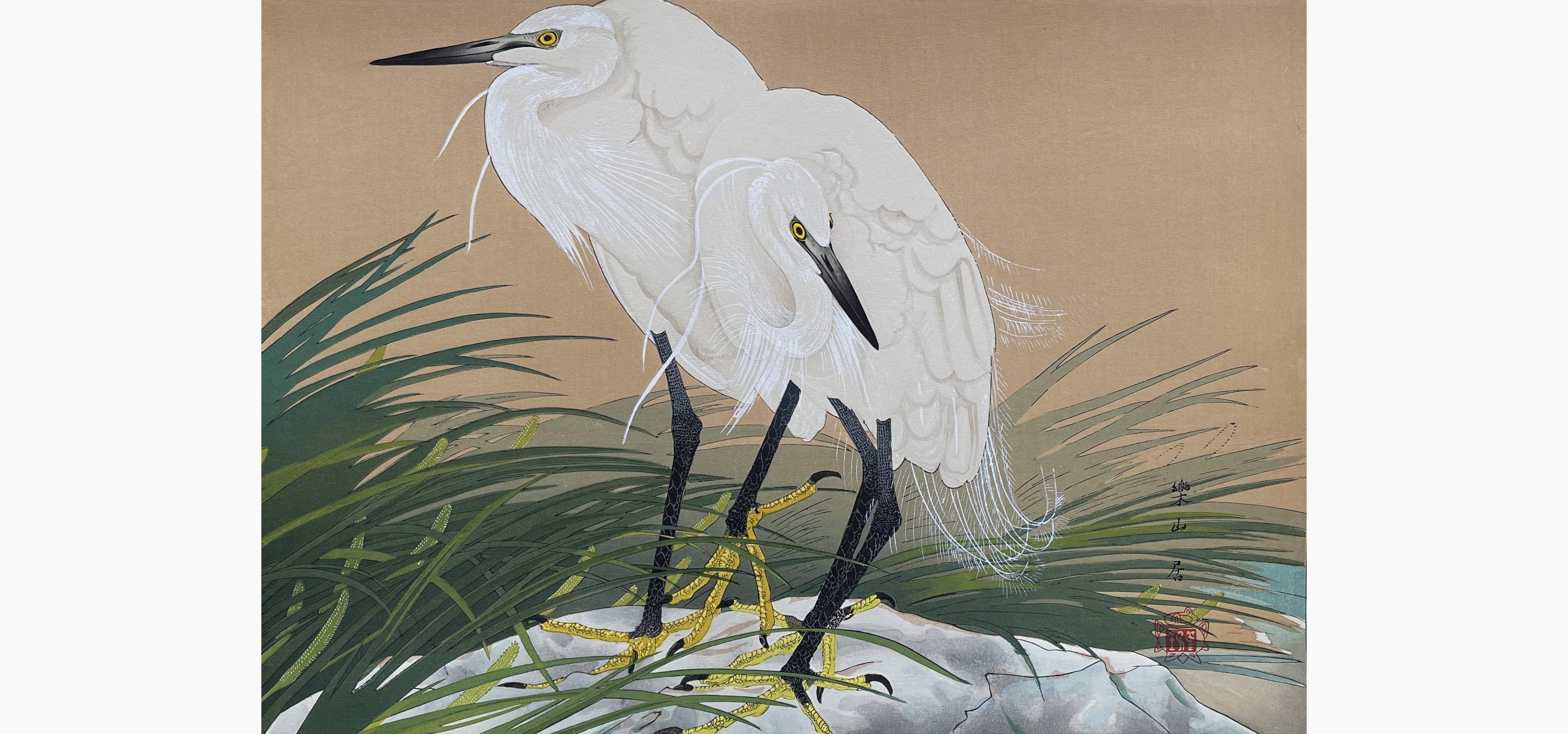 Original woodblock print - Rakusan Tsuchiya - Sweet Flag Flowers and Straw-raincloaked Little Egrets (Winter Division)