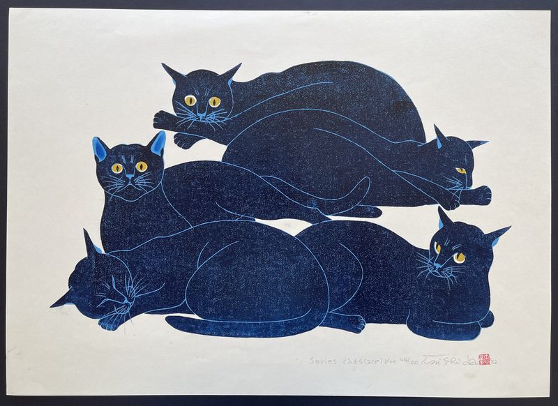 Cat Series (218) Blue - Nishida Tadashige - Japanese Prints